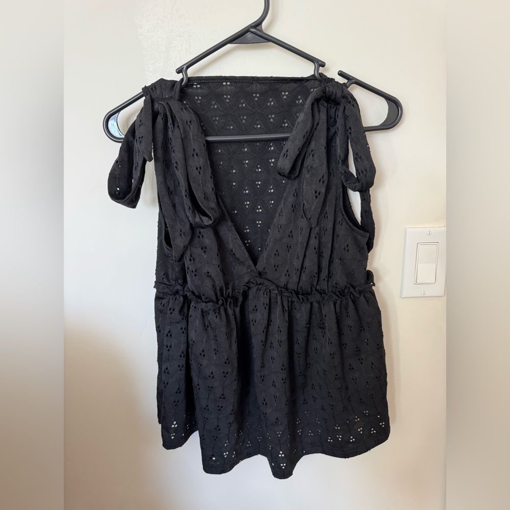Black Sleeveless Plunge Eyelet Top